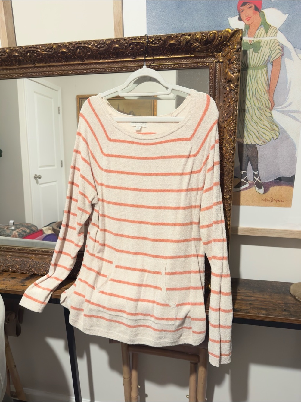 Barefoot Dreams Cream and Coral Striped Crewneck Pullover